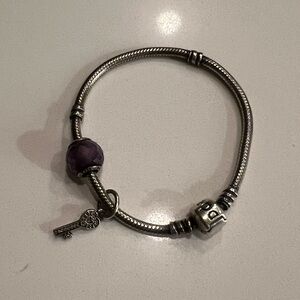 Pandora Silver Bracelet with Purple Charm and Key Pendant
